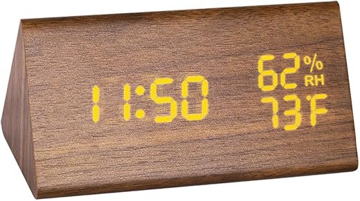Wood Digital Alarm Clock, Led Time Display Wooden Digital Desk Clock with Date, Temperature Detect Triangle Wooden Alarm Clock for Bedroom, Beside, Kid Room-Brown