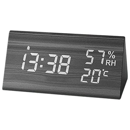 Wood Digital Alarm Clock, with Wooden Electronic LED Time Display, 3 Alarm Settings, Humidity & Temperature Detect for Bedroom, Bedside (Black)