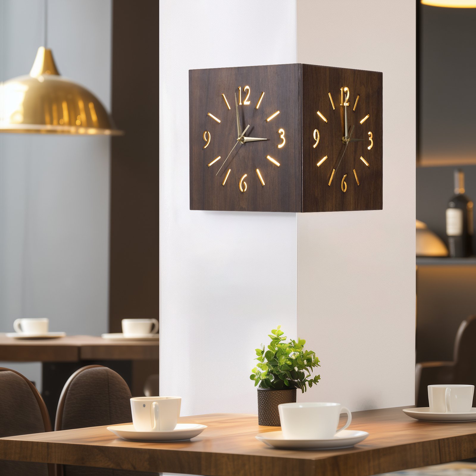 Wood Double Sided Backlit Corne Wall Clock, Voice-activated Sensor Numeral Scale