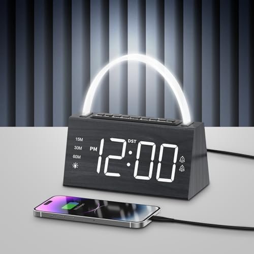 Wooden Digital Alarm Clock for Bedrooms - Loud Alarm for Heavy Sleepers, Desk Clock with Wake-up Light, 7-Color Night Light, Sleep Aid 9 White Noise Sounds, 15/30/60 Timer, DST, Snooze & USB Charger