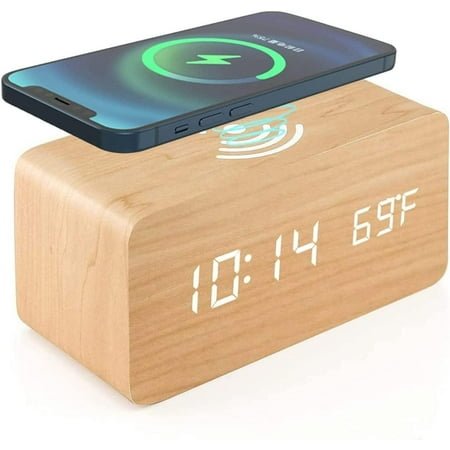 Wooden Digital Alarm Clock with Wireless Charging Pad for Bedroom for Smartphones, Mini Tablets, Wood LED Clock with Sound Control Function, Time, Date, and Temperature Display (Bamboo)