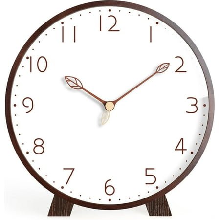 Wooden Table Clock - Silent Non-Ticking, Battery Operated Desk Clock for Living Room, Office & Bedroom (Walnut & White)