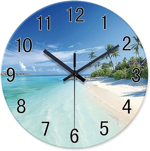 XFM Round Coastal Wall Clock - 12 Inch Silent Battery Operated Glass Blue Beach Clock for Bedroom, Palm Trees Bathroom