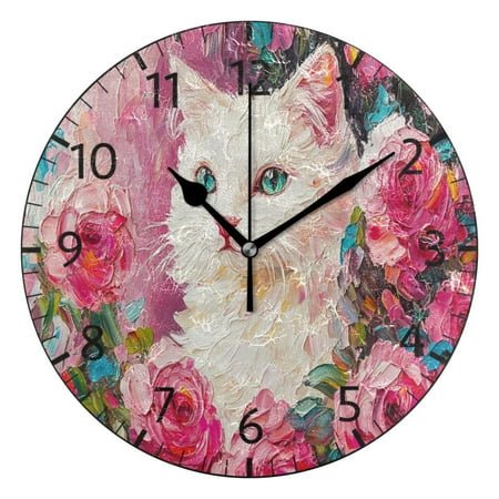 YAZAOO Decorative Wall Clock Size：25cm Cat Surrounded by Rose Design Pattern Clock