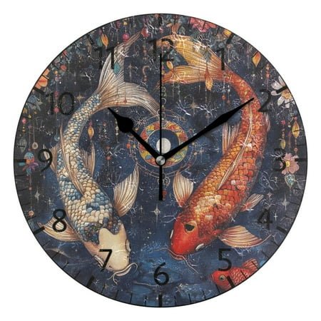 YAZAOO Decorative Wall Clock Size:25cm Koi and Petal Serenade Design Pattern Clock