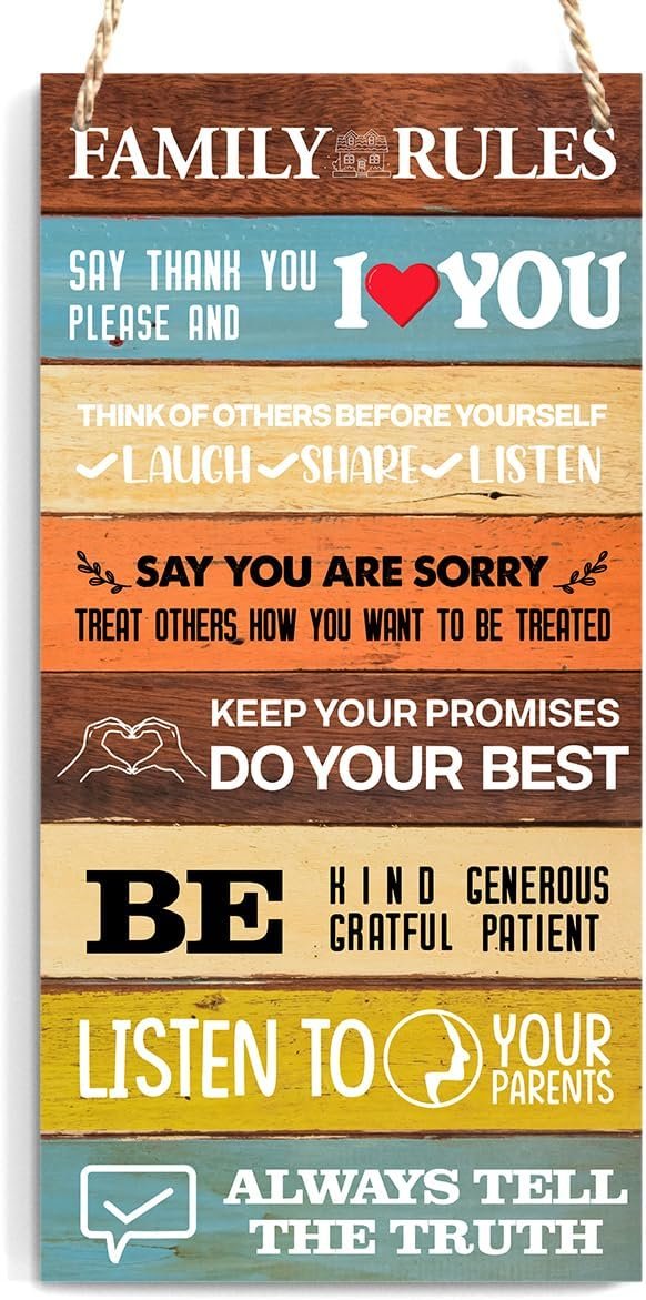 Ycyfckdr Family Rules Decor For Home Farmhouse, House Rules Wall Art Wooden Sign, Farmhouse Living Room Kitchen Rustic Hanging Sign, Set of 1 Wooden Sign With Rope - H14