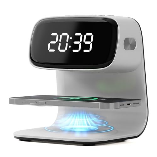 YIDPU Digital Alarm Clock with Wireless Fast Charging Station 15W Touch Smart Lamp for Bedside,3 Colors Nightlight Adjustment Night Lamp for Living Room,Bedside,Heavy Sleepers (White+Cable&Adapter)