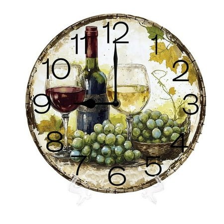 Yjiankangz Wine Cheese Barrel Wall Clock Ripe Grapes Wine Bottles Glasses Wooden 10 Inch Silent Non Ticking Battery Operated Clock Vintage Round Clock for Living Room Bedroom Bathroom Office Decor