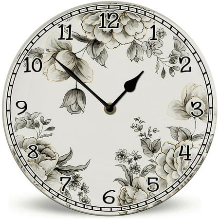 Ymaotrade French Flower Battery Operated Round Wood Silent Non Ticking Wall Clock 10in, Rustic Farmhouse Decor Wall Clock for Bedroom, Kitchen, Home, Living Room, Office, School, Hotel