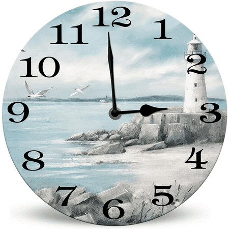 Ymaotrade Lighthouse Pictures Wooden Wall Clock 10in Silent Non-Ticking Battery Operated Wall Clock, Decorative Battery Operated Wall Clocks for Bedroom, Kitchen, Home, Living Room, Office, Hotel