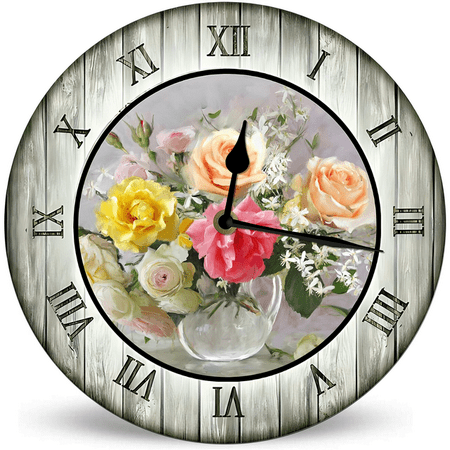 Ymaotrade Rustic Farmhouse Flower Wood Wall Clock 10in Battery Operated Non-Ticking Wall Clock, Rustic French Flower Style Wall Clocks for Bedroom, Bakery, Kitchen, Living Room, Home Office