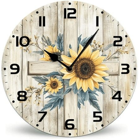 Ymaotrade Sunflower Cross Christian Wooden Wall Clock 10in Silent Non-Ticking Battery Operated Wall Clock, Rustic Country Style Wall Clocks for Bedroom, Kitchen, Home, Living Room, Office, Hotel