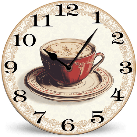 Ymaotrade Vintage Red Coffee Cup Decoration Wood Wall Clock 10in Battery Operated Non-Ticking Wall Clock, Rustic Country Style Wall Clocks for Farm Bathroom, Kitchen, Living Room, Bedroom