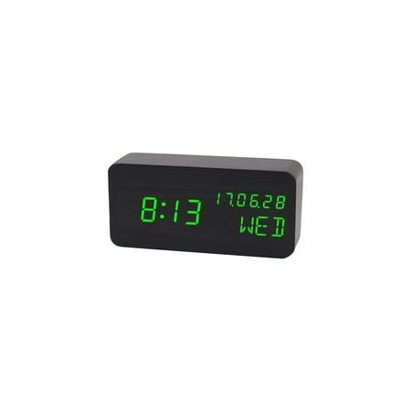 Yuioop Wooden Alarm Clock Digital LED, Alarm Clock for Bedroom Wooden Desk Clock With Date Temperature Nightstand Living Room Adjustable Brightness Auto DST, Bed Alarm Rectangle Black(LED Green)