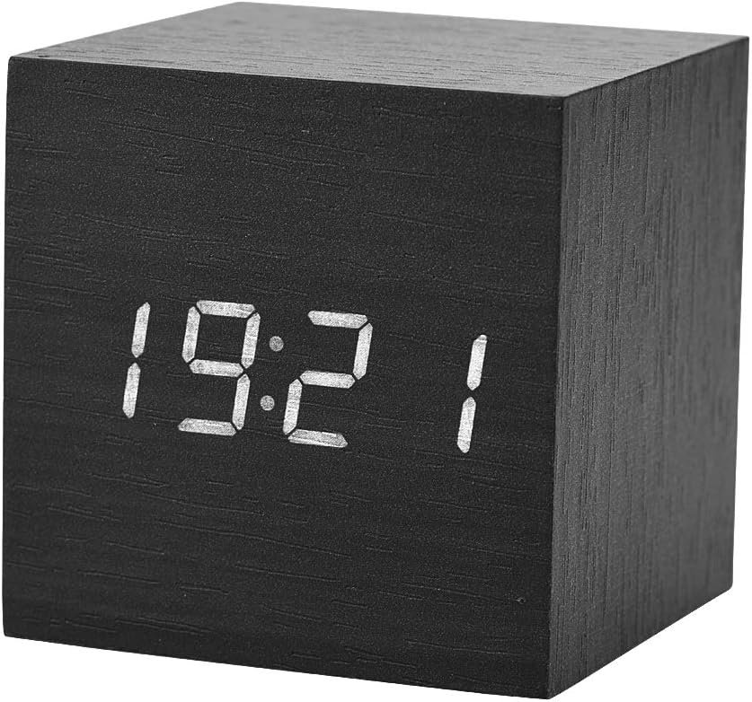 Zerone Digital Alarm Clock, MDF + PVC Material LED Clock 3 Levels Brightness Modern Cube Clock Temperature Display with Voice Control for Bedrooms(Black)