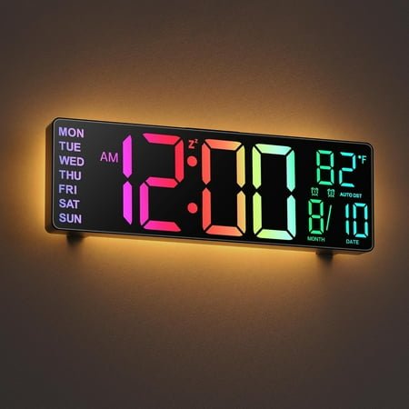 ZHOUYIYI 10.5'' Large Digital Wall Clock with Remote Control, Dual Alarm with Big LED Screen Dispaly, 8 RGB Colors, Auto DST, Temperature for Living Room, Bedroom, Decor, Gift for Elderly