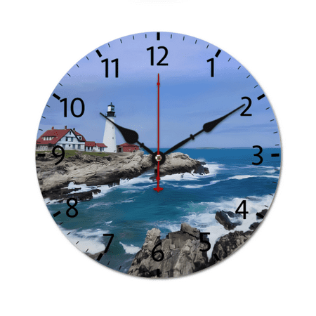 10 Inch Seaside Lighthouse Wall Clock, Silent Japanese Quartz Movement, Round Wooden Frame, Analog Display, FBattery Operated (AA Not Included), for Bedroom, Living Room, Kitchen, Bathroom Decor