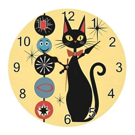 10 Inch Silent Non Ticking Modern Cool Cat Clocks - Retro Atomic Era Mid Century Wall Clock - Battery Operated Round Wall Clock Retro Rustic Style Hanging Clock for Home Office School