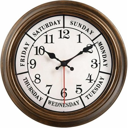 12 Inches Retro Wall Clock,Day of The Week Wall Clock,Calendar Day Clock,Silent Non Ticking Battery Operated Movement(Bronze)