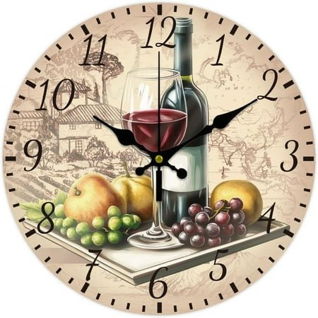 12inch Retro Wine Wooden Wall Clock Battery Operated Silent Non Ticking Round Decorative Clock for Office Home Living Room Bedroom Bathroom Kitchen Decor Red Wine