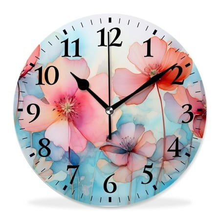 12 Inch Wall Clock Battery Operated Silent Clock Decorative for Office, Kitchen, Outdoor, Living Room，Flower Paint of Nature Elements Botanic Floral Motives Isan Beautiful