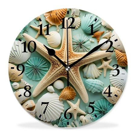 12 Inch Wall Clock Battery Operated Silent Clock Decorative for Office, Kitchen, Outdoor, Living Room,Marine Sea Life Nautical Theme Seashell Starfish on Turquoise Blue Wooden Style