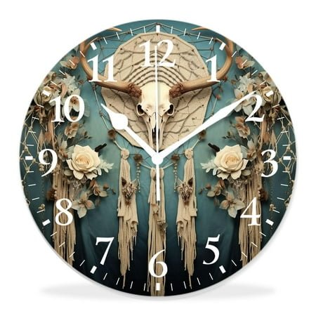 12 Inch Wall Clock Battery Operated Silent Clock Decorative for Office, Kitchen, Outdoor, Living Room，Deer Skull Skeleton Butterfly Tribal Ethnic Dreamcatcher Feather Picture