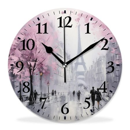 12 Inch Wall Clock Battery Operated Silent Clock Decorative for Office, Kitchen, Outdoor, Living Room，Eiffel Tower Paris Oil Painting Painting