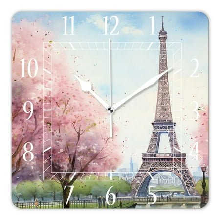 12 Inch Wall Clock Battery Operated Square Clock Decorative for Office, Kitchen, Outdoor, Living Room,Oil Painting Paris France City Eiffel Tower Exquisite