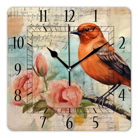 12 Inch Wall Clock Battery Operated Square Clock Decorative for Office, Kitchen, Outdoor, Living Room，Bird and Vintage Letter Elegant