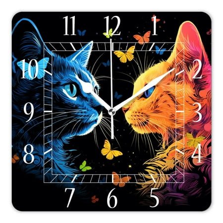 12 Inch Wall Clock Battery Operated Square Clock Decorative for Office, Kitchen, Outdoor, Living Room，Colorful Cute Cat Butterfly Polka Dot Pattern
