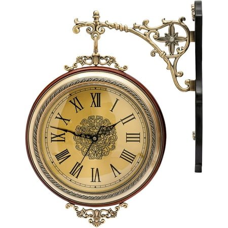 12 Inch Wall Clock Double Sided Hang Clock Brown Retro Round Wall Clock Vintage Wall-Mounted Clock with Silent Movement Wall Art Clock for Home Cafe Hotel