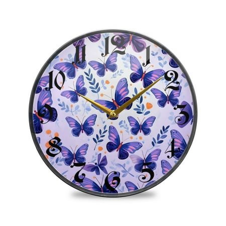 12 Round Silent Wall Clocks Butterflies in Purple Acrylic Battery Operated Clock Non-Ticking Clocks Bedroom Living Room Home Decorative