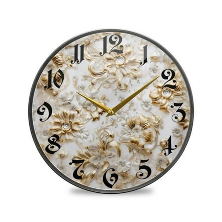 12 Round Silent Wall Clocks Golden Flowers Acrylic Battery Operated Clock Non-Ticking Clocks Bedroom Living Room Home Decorative
