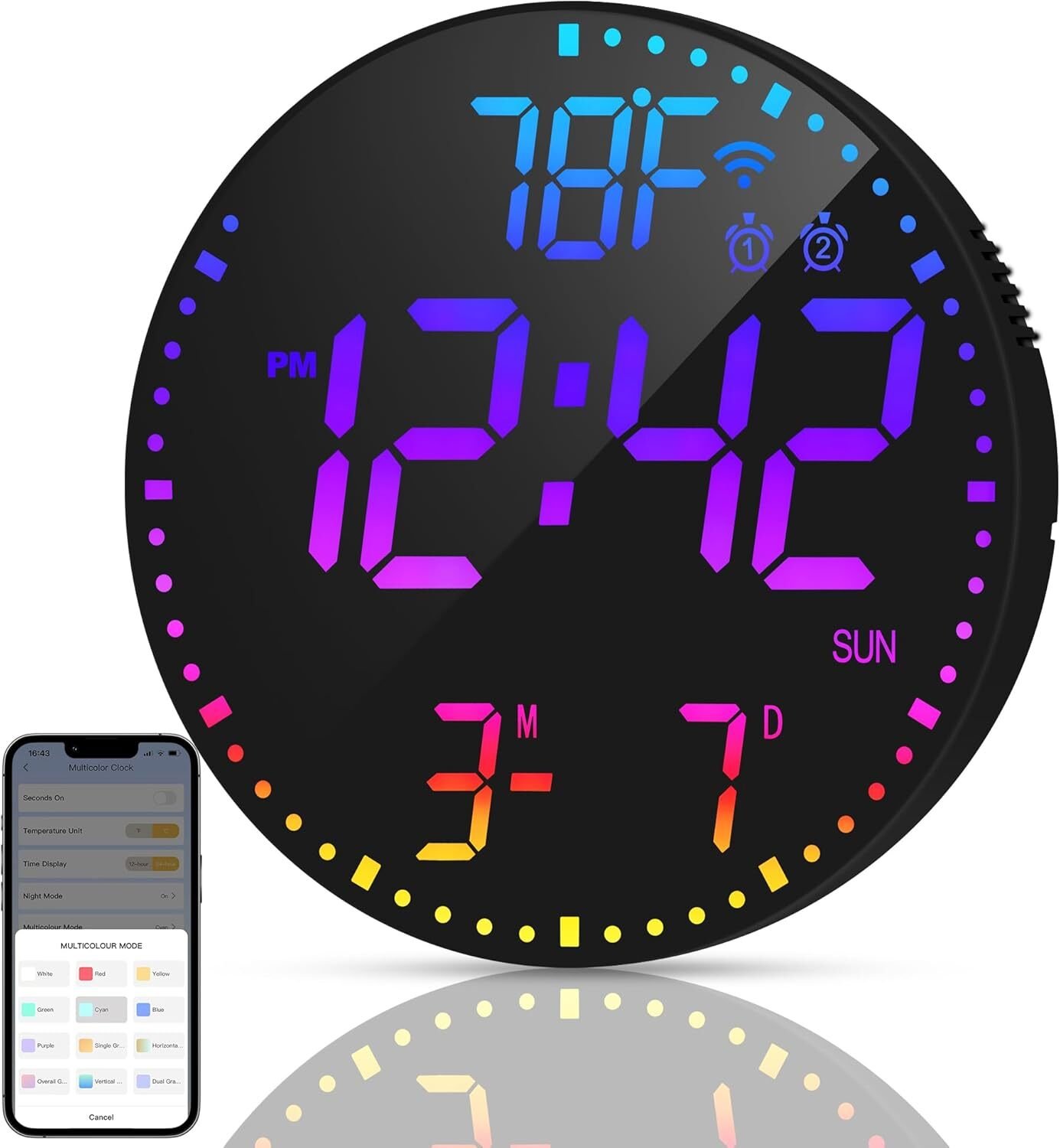 12” Smart Digital Wall Clock with App Control, Auto Brightness, Dual Alarm