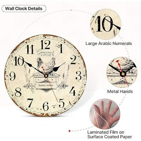 14-Inch Rustic French Country Vintage Wooden Wall Clock | Battery-Operated Silent Non-Ticking | Retro Arabic Numerals with Animal Hen Style Ideal for Gourmet Kitchens