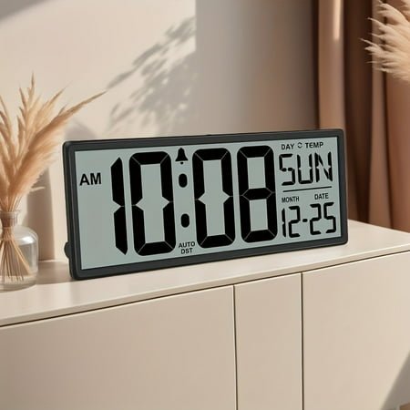 14.5'' Large Digital Wall Clock Battery Operated with Jumbo Numbers, Temperature and Date - Easy to Read and Set, Auto DST