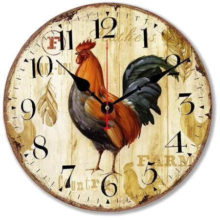 14 Inch Vintage Farmhouse Kitchen Wall Clocks, Rustic Rooster Clock for Home Decoration