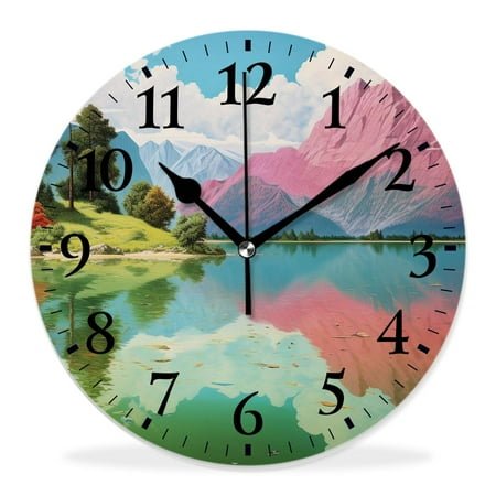 14 Inch Wall Clock Battery Operated Silent Clock Decorative for Office, Kitchen, Outdoor, Living Room，Nature Scene Red Peaks Over Calm High Mountain Lake Painting