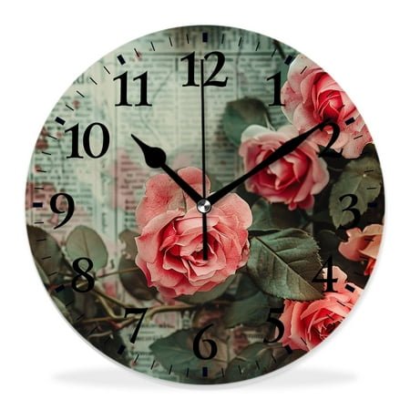 14 Inch Wall Clock Battery Operated Silent Clock Decorative for Office, Kitchen, Outdoor, Living Room，Paris Travel Vintage Newspaper Beautiful Flower Beautiful