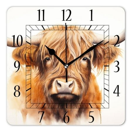 14 Inch Wall Clock Battery Operated Square Clock Decorative for Office, Kitchen, Outdoor, Living Room，Watercolor Highland Cow Picture