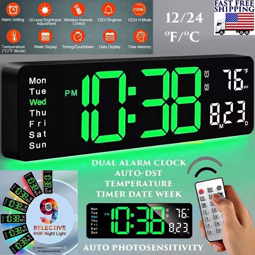 16.2 BIG DIGITAL JUMBO LED CLOCK WALL MOUNT LARGE NUMBERS TIMER DATE TEMPERATURE