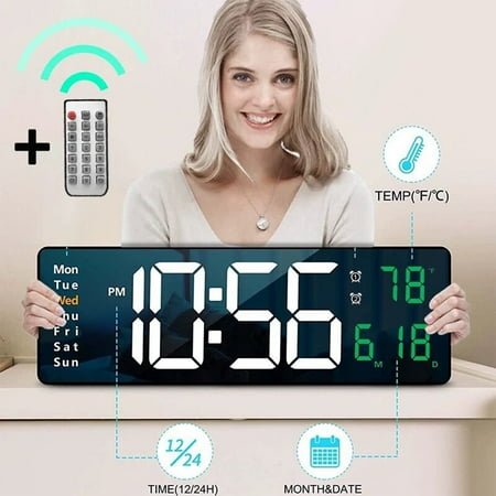 16.2 LED Digital Wall Clock with Remote, Auto Brightness, Alarm/Date/Temp/Week Display, 12/24Hr Format - Black