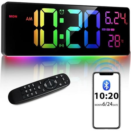 16 Bluetooth Large Digital Wall Clock/Auto Time Sync, 10 RGB Colors Digital Clock Large Display with Remote, Auto-Dimming/DST, Calendar, Timer, Alarm, 6 Night Lights Big Clock for Decor