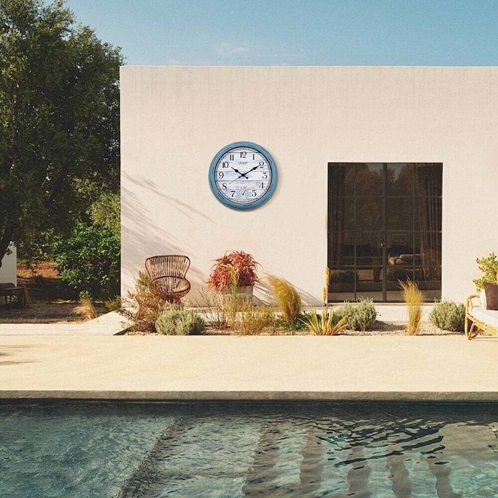 16"Inch Outdoor Clock Waterproof with Thermometer Retro Wall Clocks, Blue Large