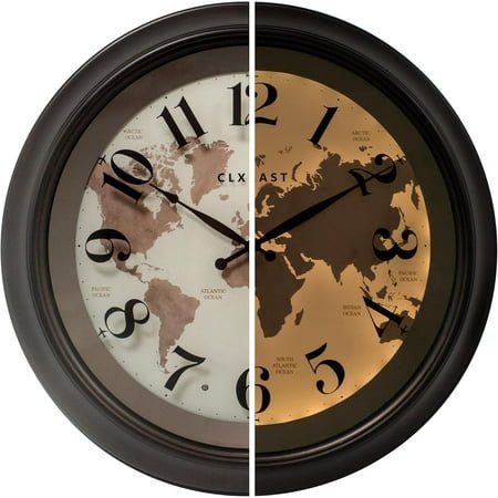 18 Inch Illuminated Wall Clock with Smart LED Light Sensor, Large Modern World Map Wall Clocks for Living Room Decor,Oil Rubbed Bronze