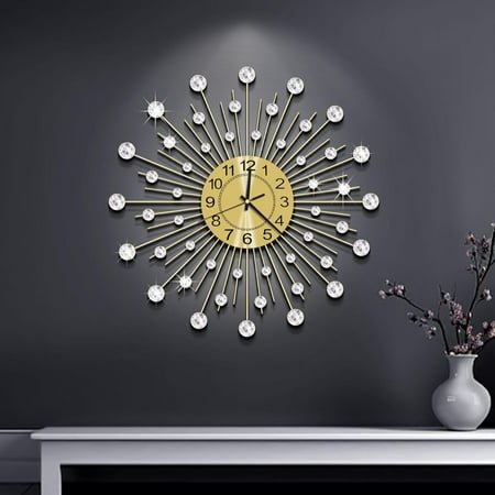 19.7 Inch Large Wall Clock for Living Room Decor, Non-Ticking Quiet Modern Metal Starburst Bling Gold Crystal Wall Clocks Decor for Bedrooms Kitchen Decorative