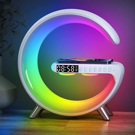 2025 New Wireless Speaker Charger, Atmosphere Bedside Light with Wireless Charging Station,Music Lit Lamp 4 in 3 Alarm Clock Gifts Idea for Family