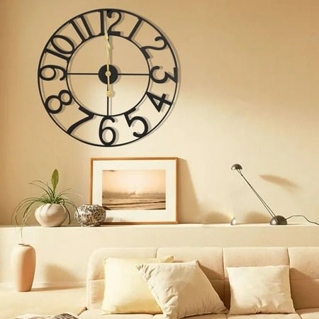 24'' Black Large Round Vintage Wall Clock Battery Powered Non-Ticking Indoor Outdoor 60cm