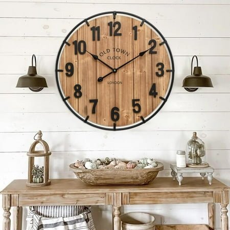 24 Inches Large old town farmhouse wall clock-Large Wall Clock, Rustic Antique Wood with Metal Circle and Large Numerals Silent Battery Operated Wall Clock for Office Kitchen Bedroom Living Room